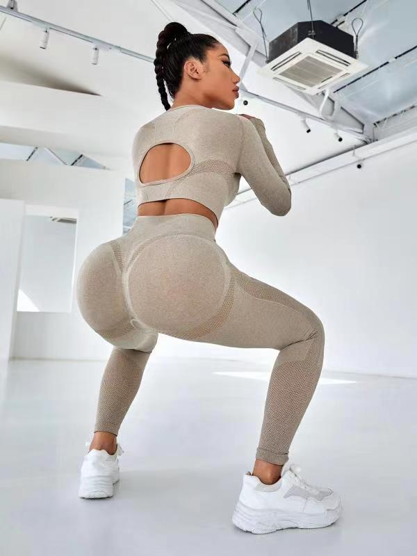 Yoga Outdoor Base Fitness Peach Hip Hollow-out Tight Long Sleeve Trousers Sports Two-piece Suit