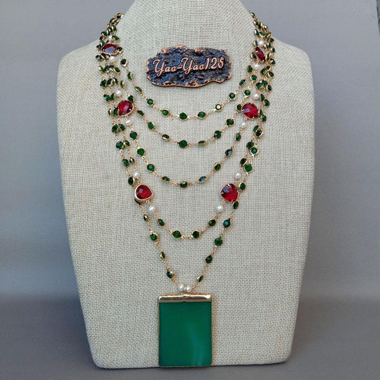 Green Onyx Pendant 5 Strand White Pearl Necklace