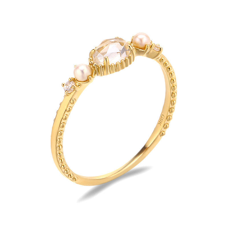 Light Luxury 9K Gold Natural White Crystal Pearl Ring