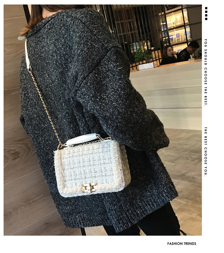 Fashion Woolen Personality Handbag Girl Plaid Messenger Bag