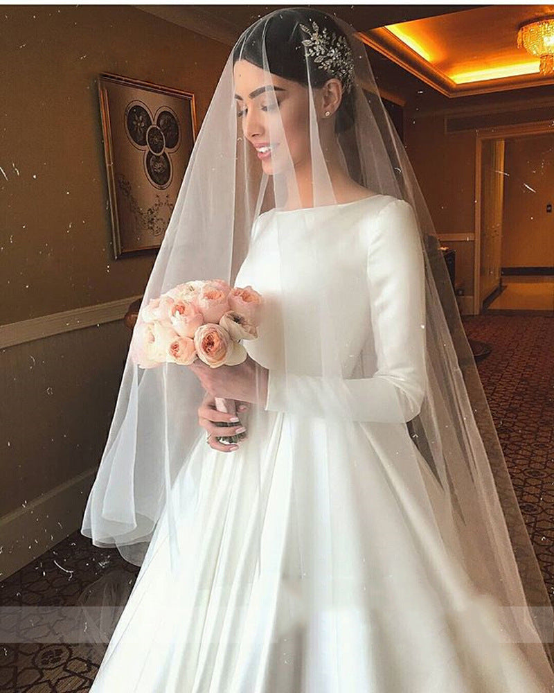 Wedding Dress Off-shoulder Long Sleeve Simple Vintage Satin