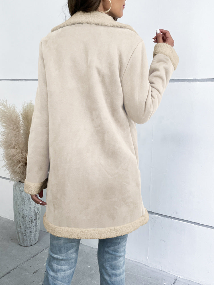 Long Sleeve Lapel Suede Elegant Woolen Coat