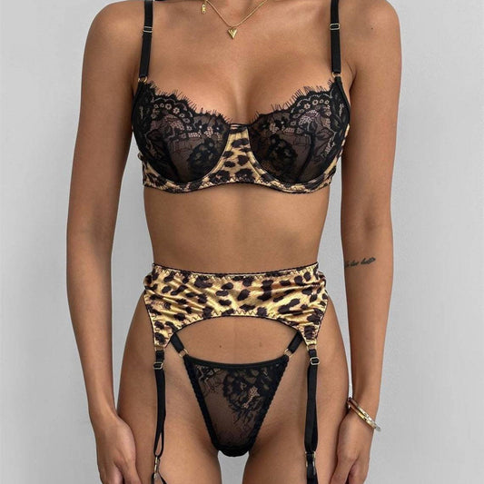 Sexy Leopard Print Stitching Lace See-through Sexy Lingerie Three-piece Set