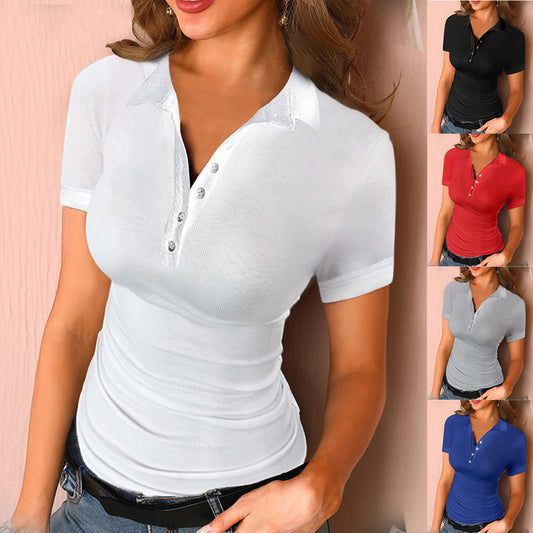 Solid Color Button Polo Shirt Collar Outer Wear Short Sleeve Women