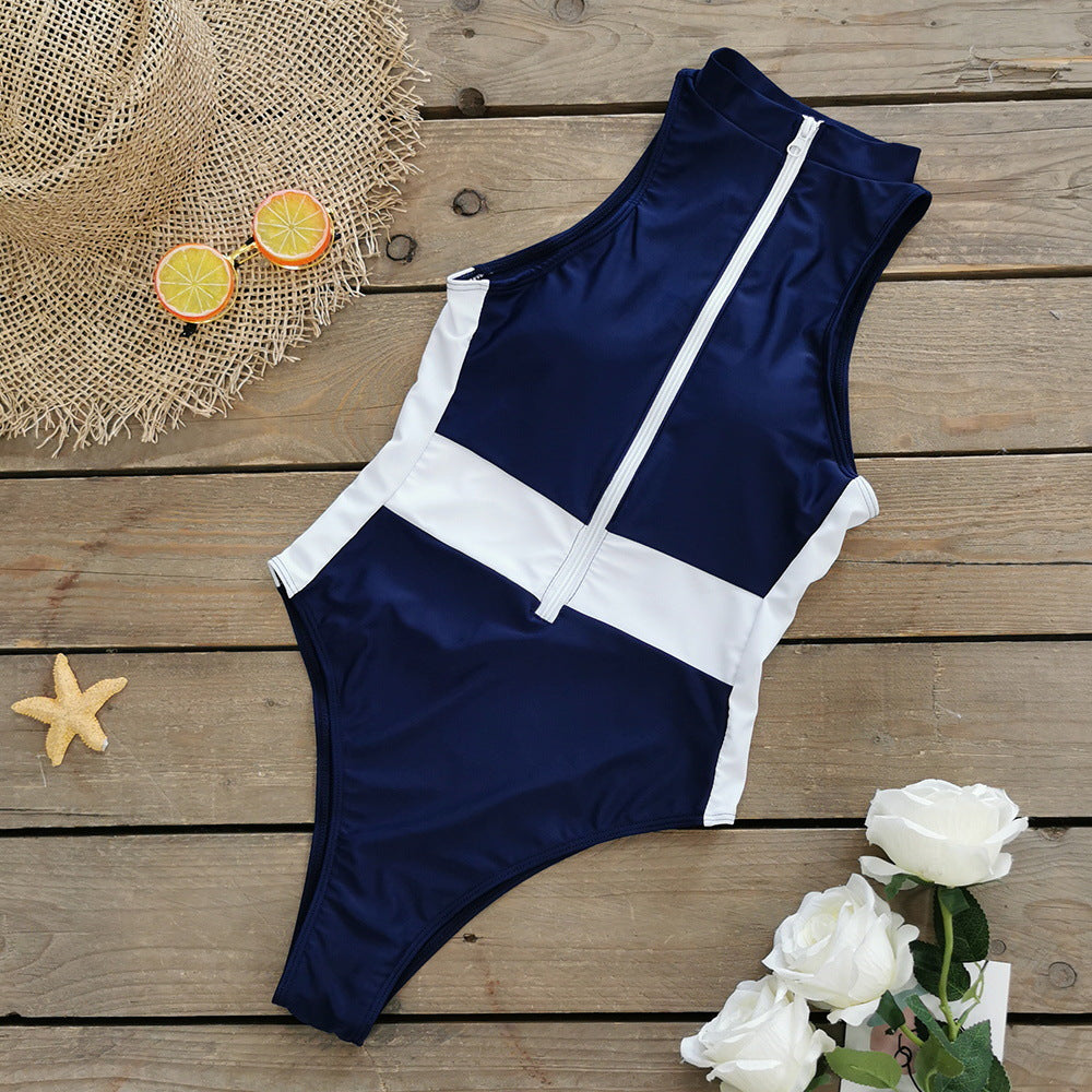 Solid Color Stitching Zipper Sleeveless One-piece Swimsuit