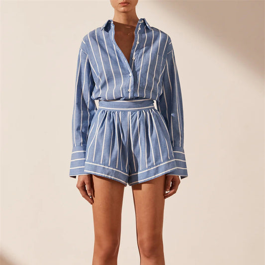European And American Cotton Striped Shirt And Shorts Two-piece Set