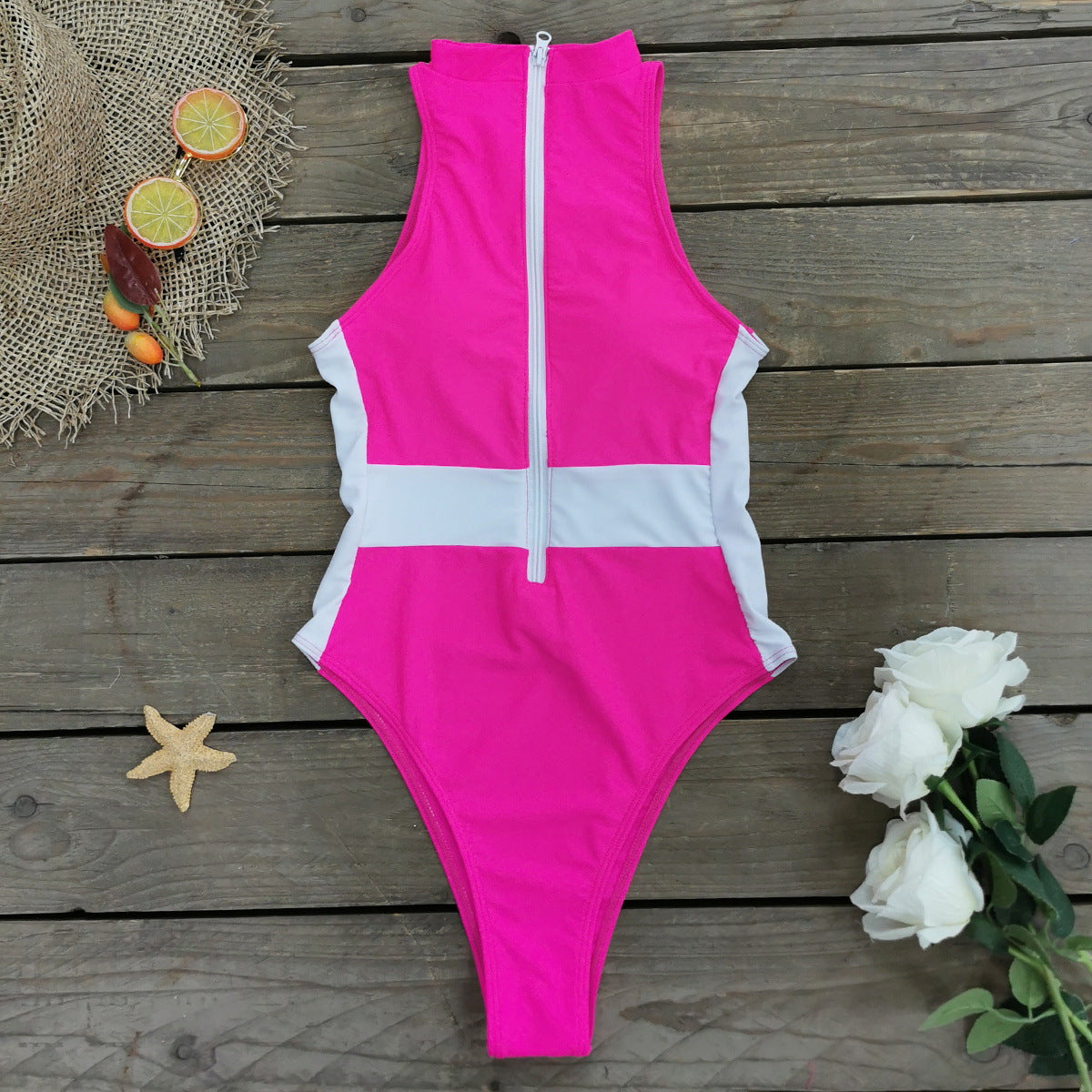 Solid Color Stitching Zipper Sleeveless One-piece Swimsuit