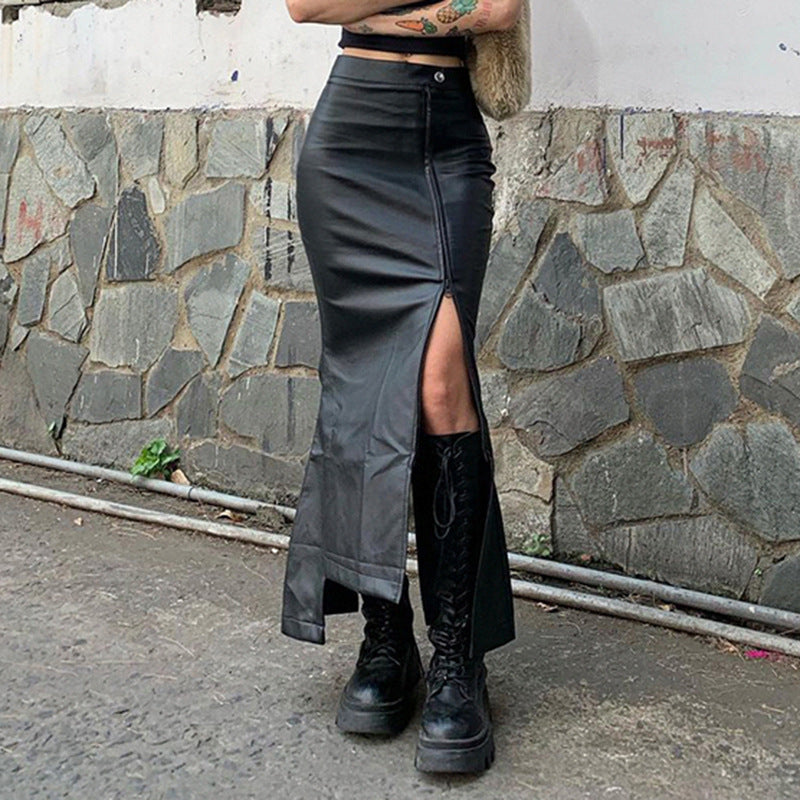 Stitching Ruffle Long Leather Skirt
