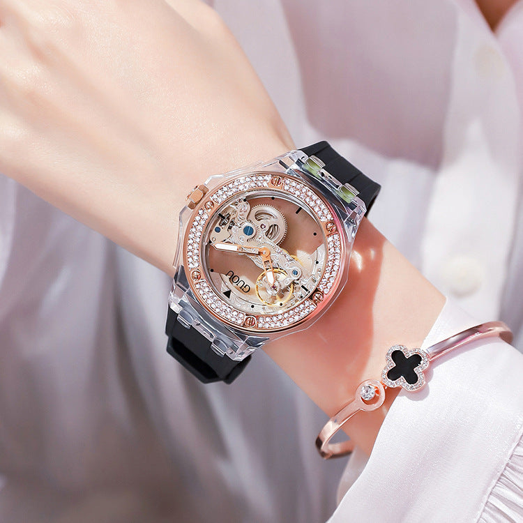 Simple Ladies Rhinestone Silicone Strap Mechanical Watch