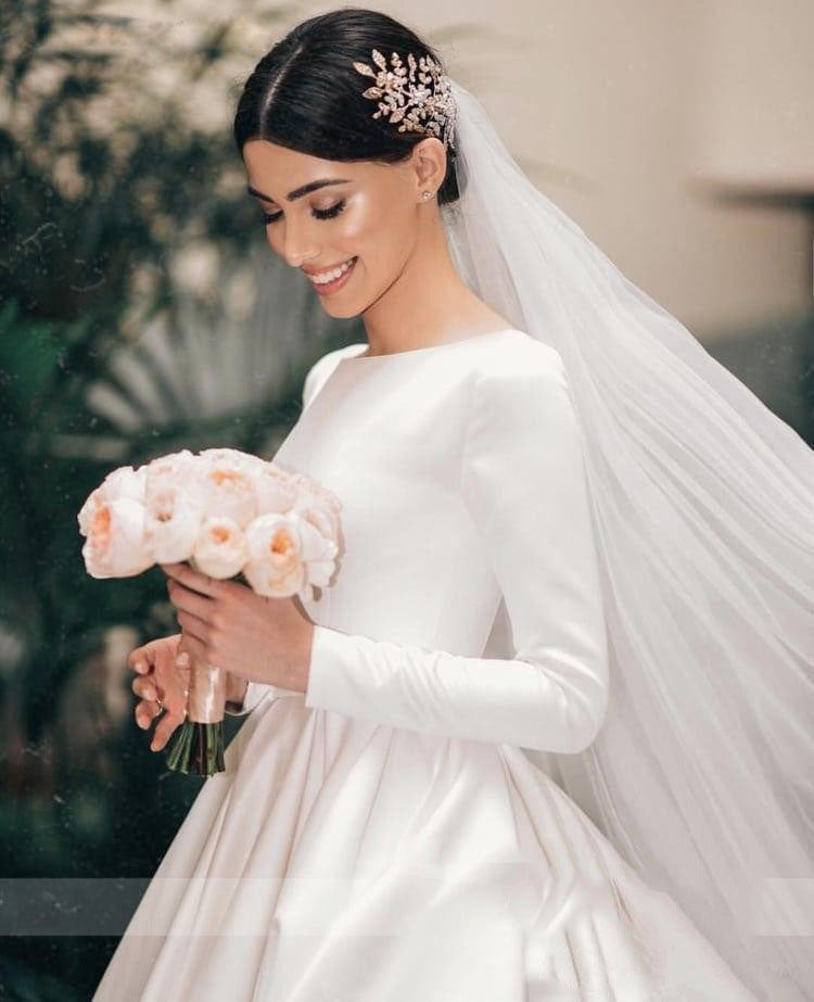 Wedding Dress Off-shoulder Long Sleeve Simple Vintage Satin