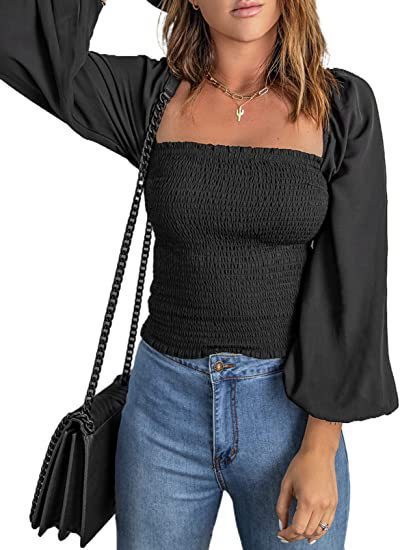 Square Neck Long Sleeve Waist Thin Lantern Sleeve Casual Top  Pullover