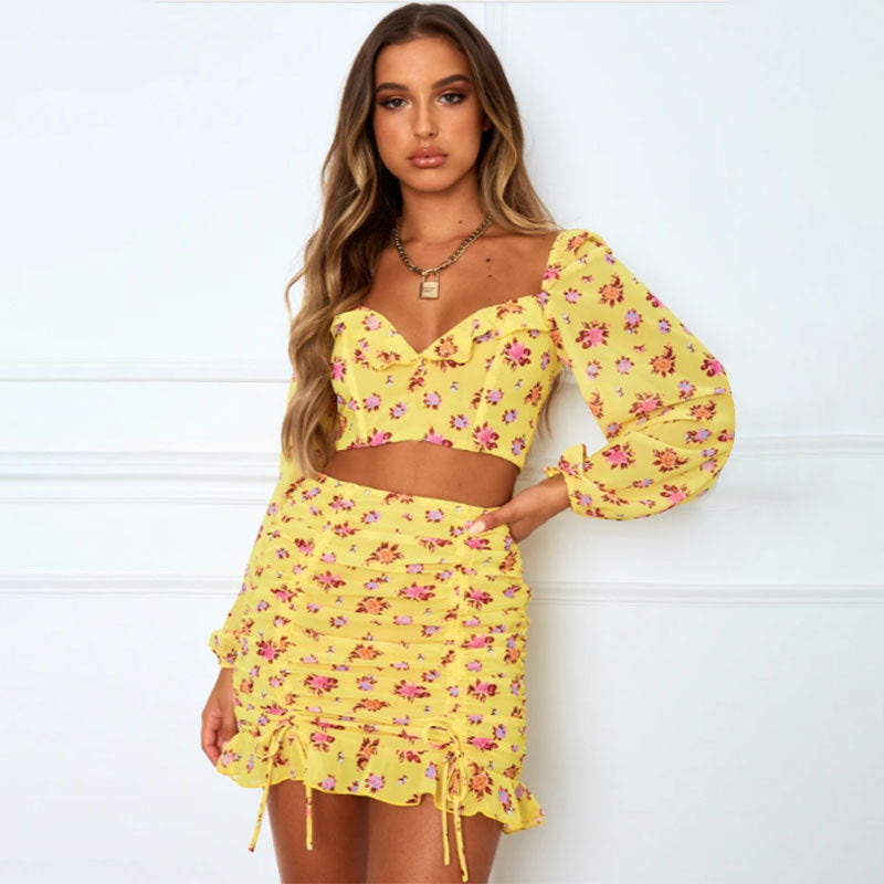 Women Boho 2 Pieces Clothes Set Yellow Color Floral Print Crop Tops Lantern Sleeve with Drawstring Ruffles Pleated Mini Skirt