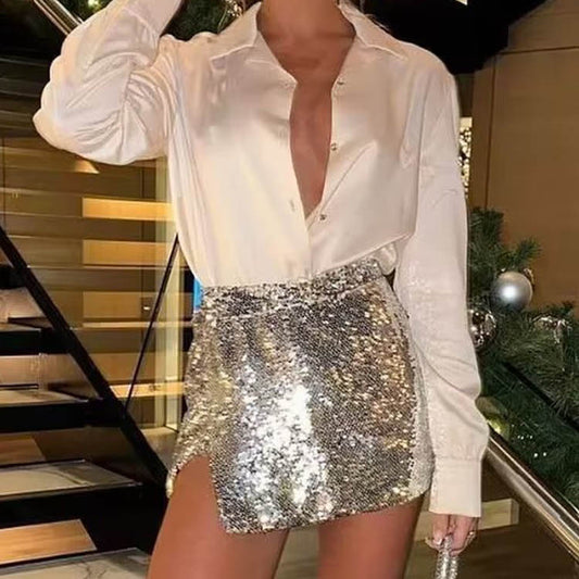 New Style Silver Sequined Split Skirt