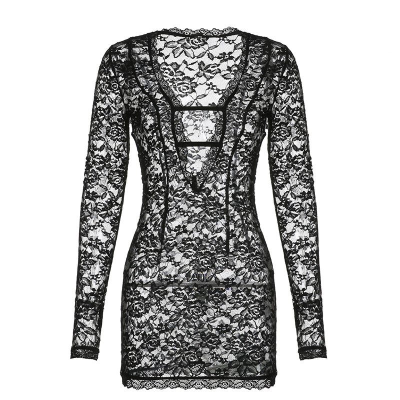 Women's Clothing See-through Lace Nightclub Low-necked Close-fitting Long Sleeve Narrow Dress