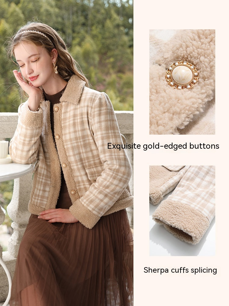 Checkered Lamb Cashmere Patchwork Cotton Jacket For Women