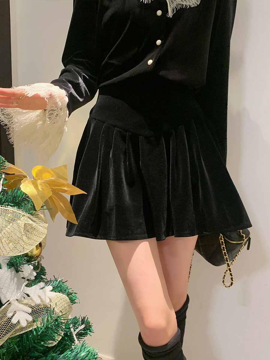 Black Velvet High Waist Pleated Skirt