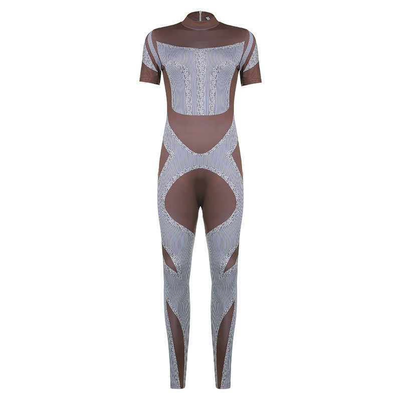 Women's New Printed Contrast Casual Sports Jumpsuit