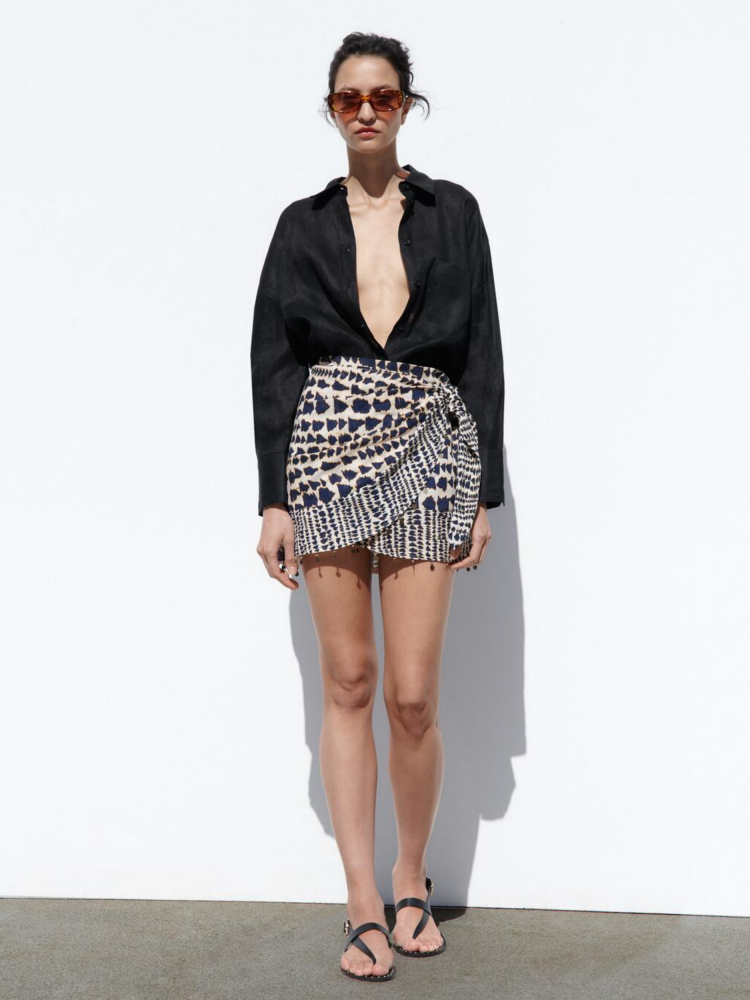 Beaded Double Breasted Printed Mini Skirt