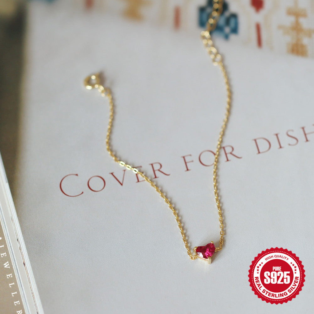 S925 Sterling Silver Gold-plated Little Red Heart Bracelet For Women
