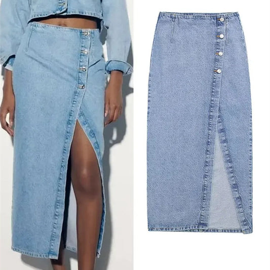 High Waist A- Line Split Denim Skirt