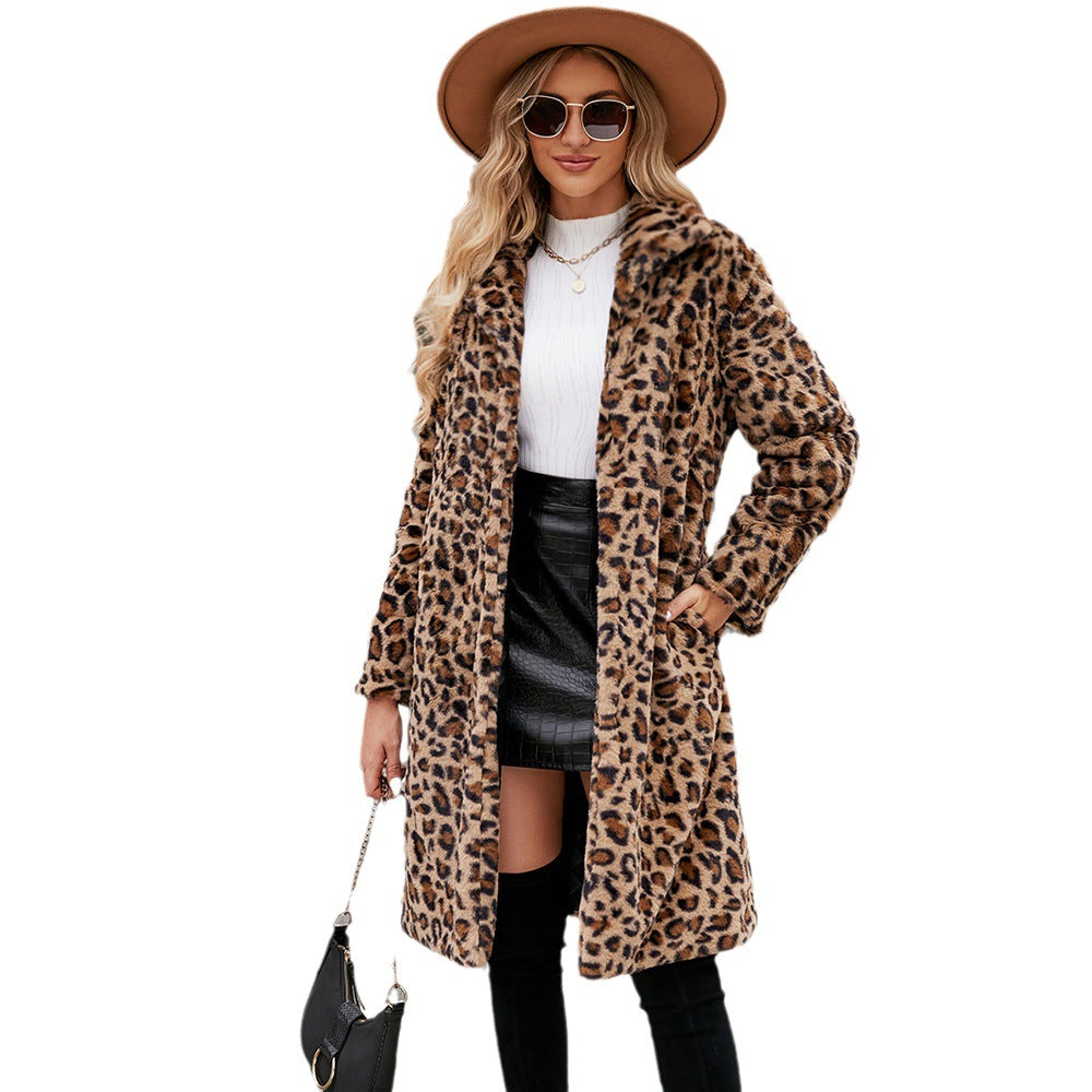 Women's Leopard Print Imitation Fur Plush Lapel Coat