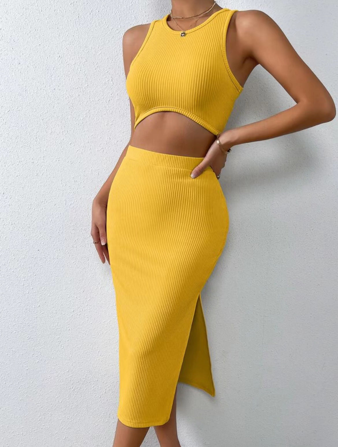 Two-piece Set, One Step Slim Fit Knitted Buttocks Skirt,