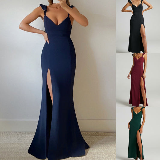 Women's Clothing Ruffled Spaghetti Straps Sleeveless High Waist Solid Color High Fork Solid Color Dress Dress