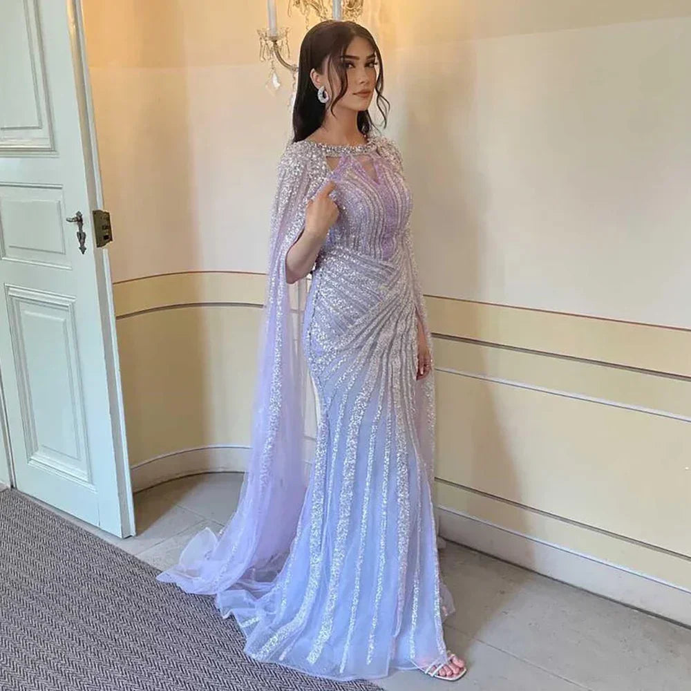 Lilac Cape Sleeves Mermaid Luxury Beaded Wedding Dress