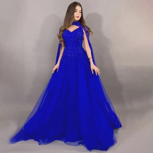 Dubai  Arabic Royal Blue Cape Sleeves A-Line Beaded  Dress