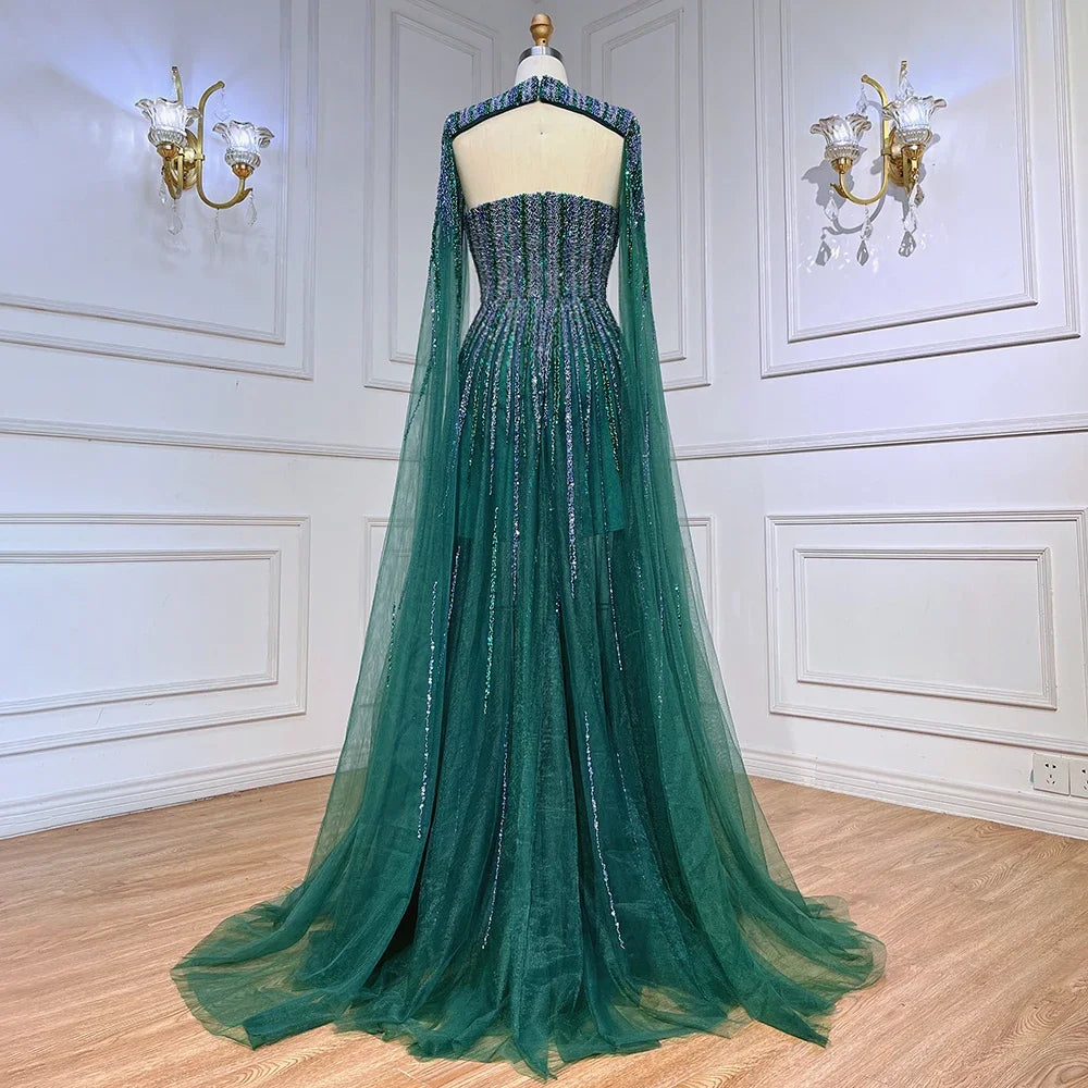 Arabic Green Cape Sleeves A Line Beaded Wedding Dress