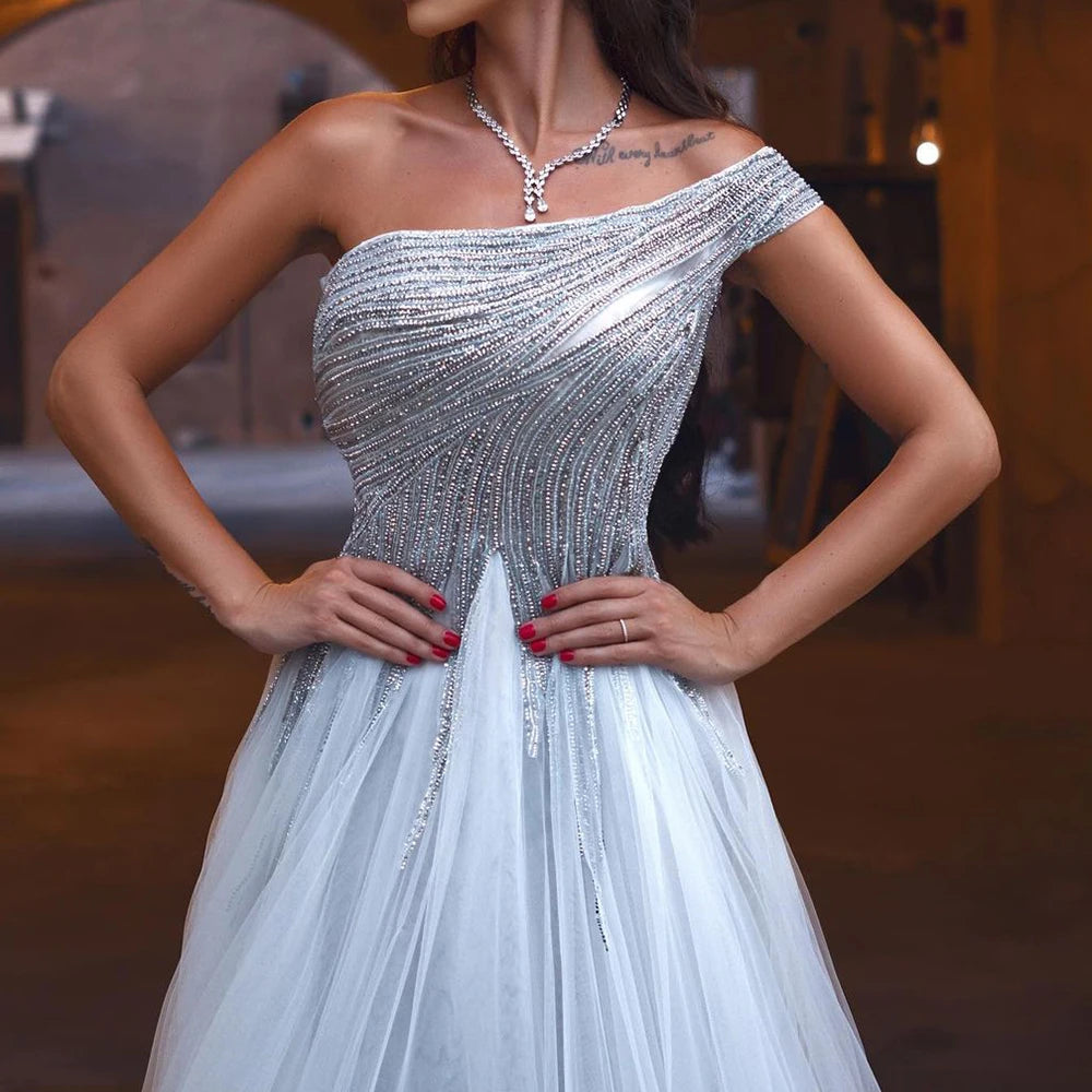 Silver A-Line One-Shoulder Wedding Dress