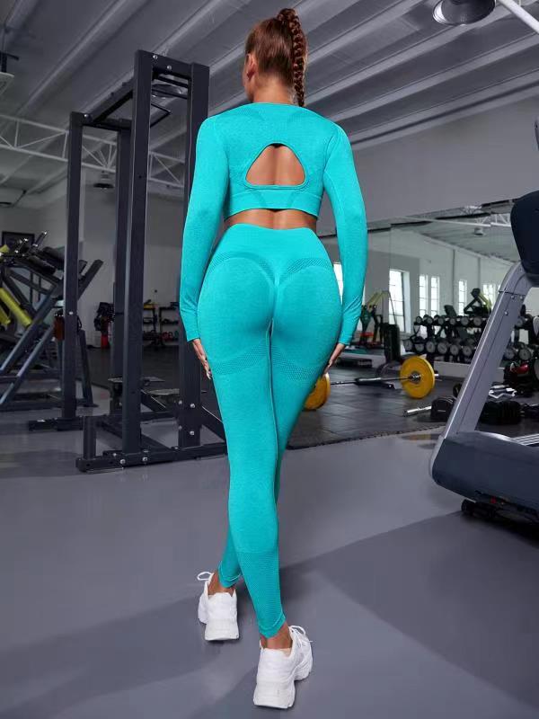 Yoga Outdoor Base Fitness Peach Hip Hollow-out Tight Long Sleeve Trousers Sports Two-piece Suit