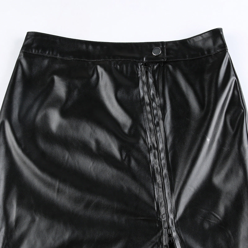 Stitching Ruffle Long Leather Skirt