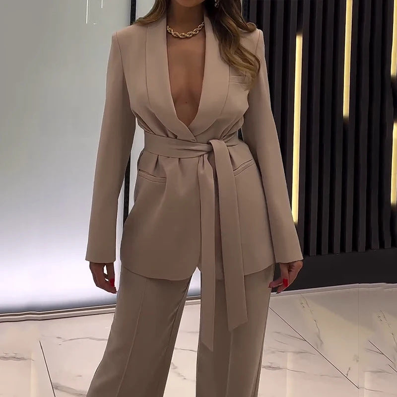 Deep V-neck Lace-up Waist-tight Sexy Slimming Temperament Long Sleeve Suit