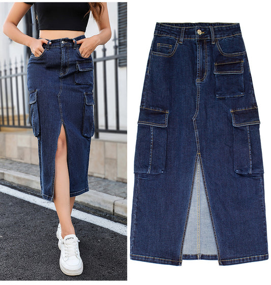 Tooling Style Multi-pocket High Waist Slimming Slim Fit Slit Hip Skirt