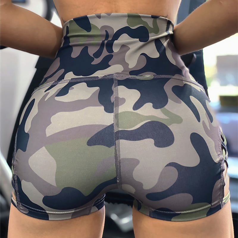 Camouflage Leopard Print Yoga Pants For Women High Waist Tight Shorts With Side Hollow Design
