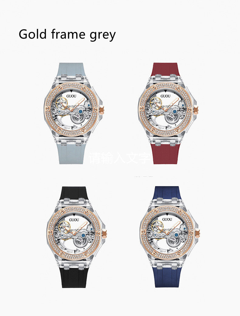 Simple Ladies Rhinestone Silicone Strap Mechanical Watch