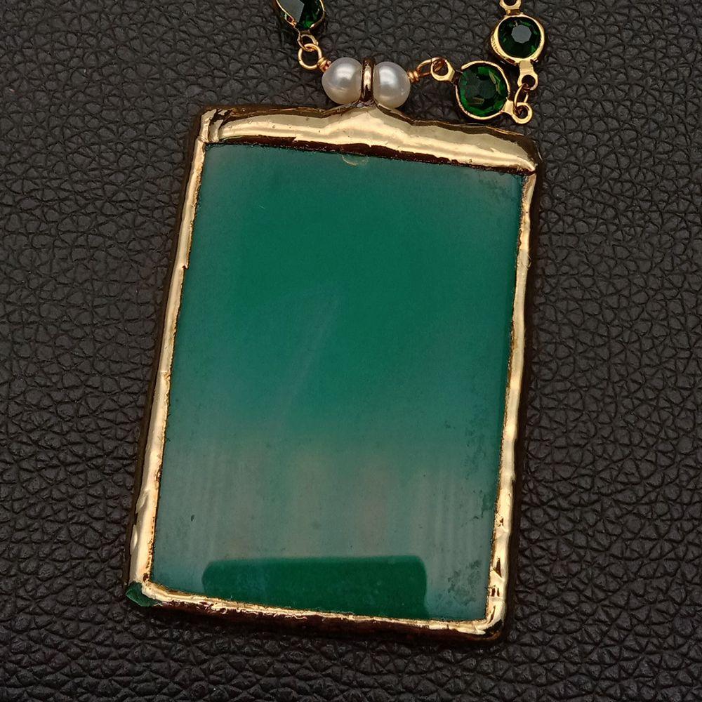 Green Onyx Pendant 5 Strand White Pearl Necklace