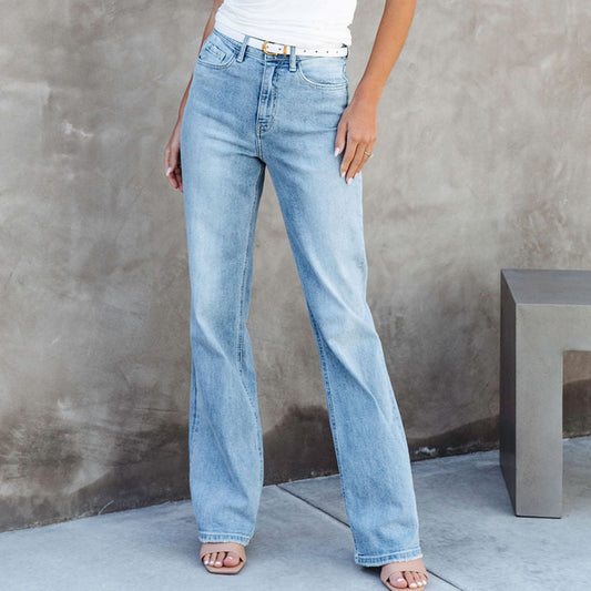 European And American Style Washed Fashionable All-match Mid-waist Denim Straight-leg Trousers