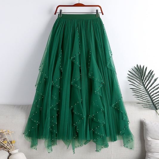 Spring And Summer New Irregular Mesh Beaded Rhinestone Long Large Hem A- Line Skirt Skirt Cake Dress