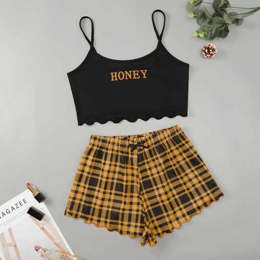 Letter HONEY Printed Suspender Top And Plaid Printed Shorts Home Wear Suit
